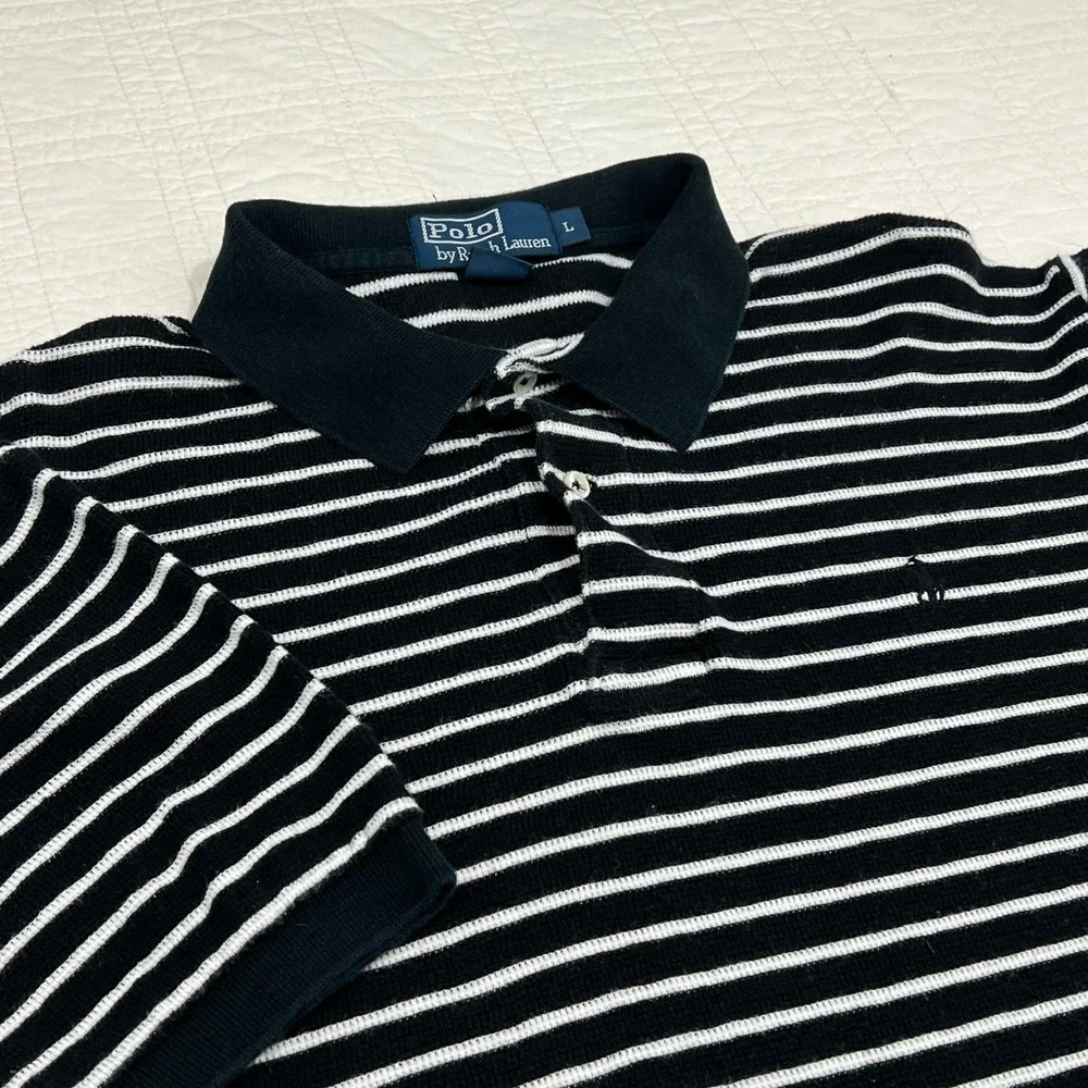 Polo Ralph Lauren Mens Large Navy White Striped Short Sleeve Cotton Polo Shirt